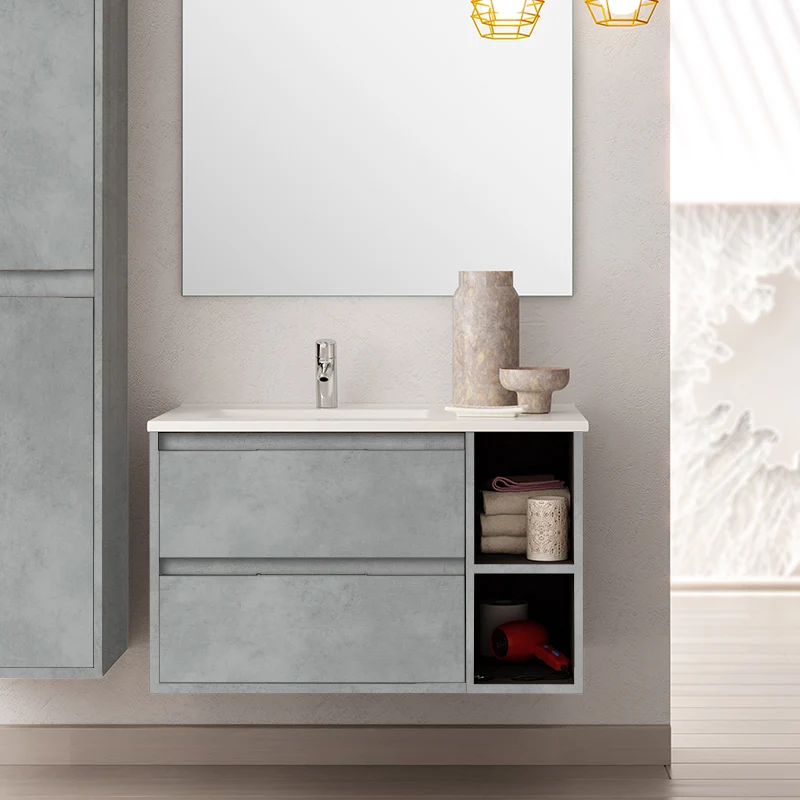 Meuble de salle de bain 80cm vasque déportée - 2 tiroirs et 2 niches - OLYMPE