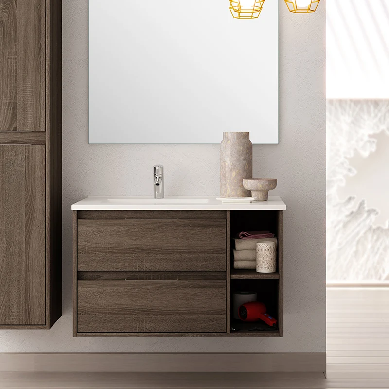 Meuble de salle de bain 80cm vasque déportée - 2 tiroirs et 2 niches - OLYMPE