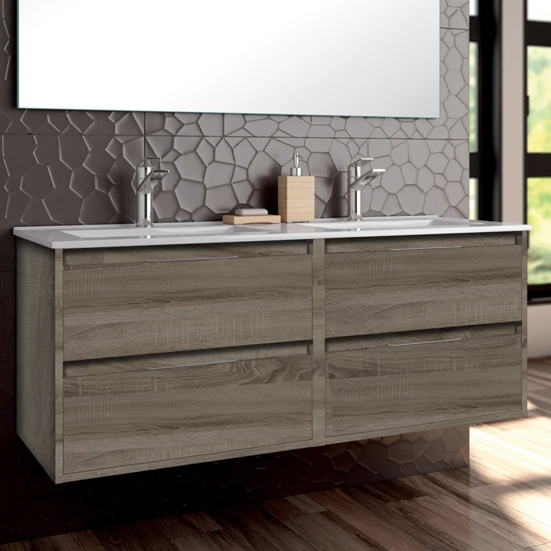 Ensemble meuble de salle de bain 120cm double vasque + colonne de rangement IRIS