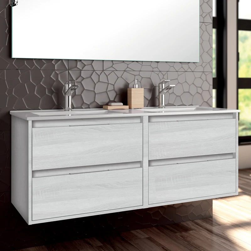 Ensemble meuble de salle de bain 120cm double vasque + colonne de rangement IRIS