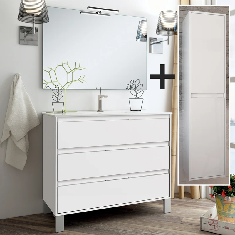 Ensemble meuble de salle de bain 100cm simple vasque + colonne de rangement TIRIS