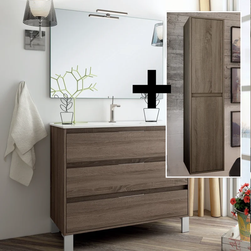 Ensemble meuble de salle de bain 100cm simple vasque + colonne de rangement TIRIS