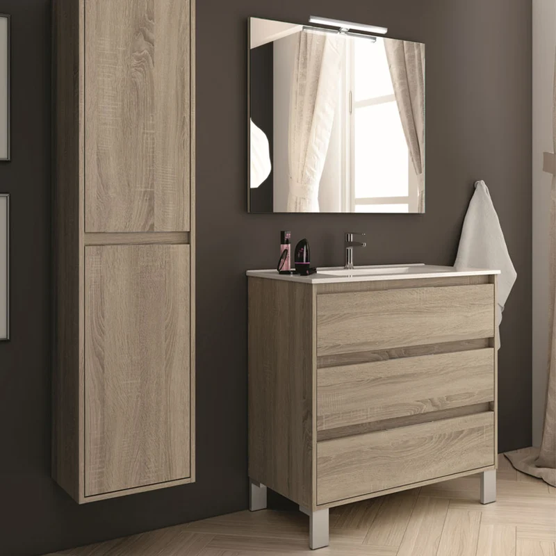 Meuble de salle de bain 80cm simple vasque - 3 tiroirs - TIRIS 3C