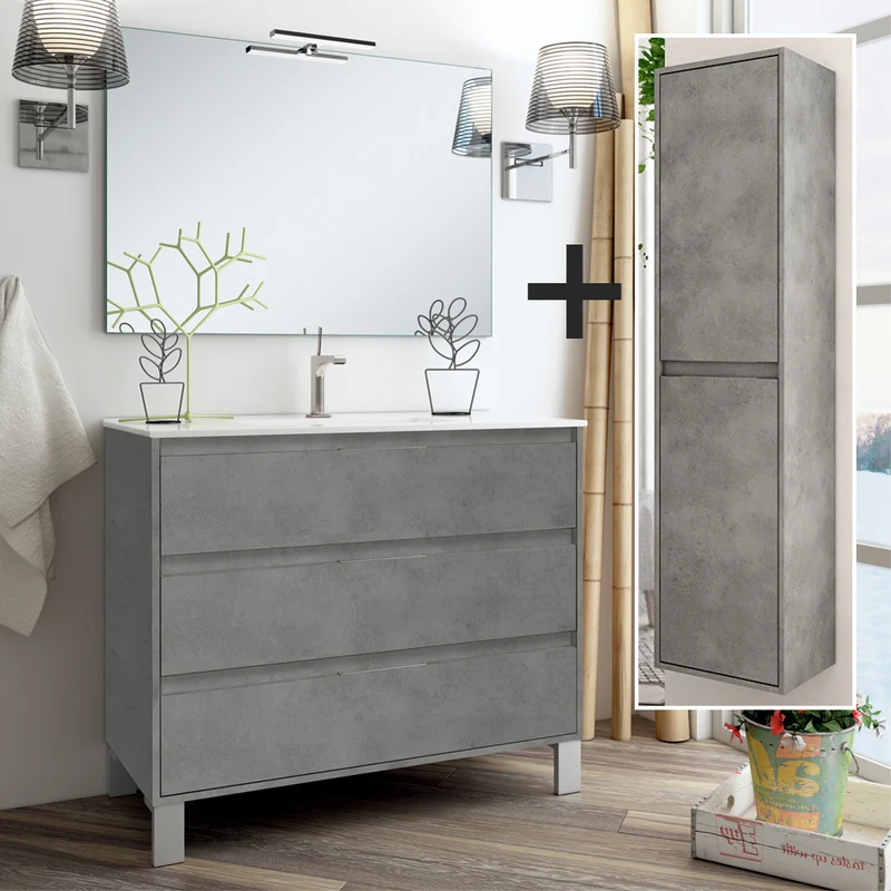 Ensemble meuble de salle de bain 100cm simple vasque + colonne de rangement TIRIS