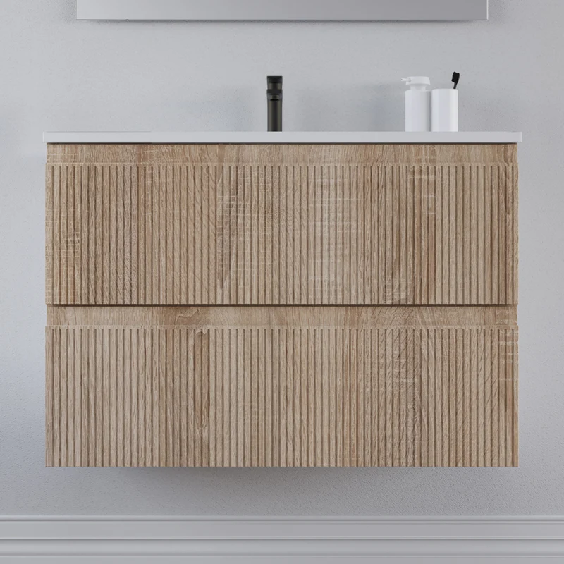 Meuble de salle de bain 80cm avec plan simple vasque - 2 tiroirs - RIBERA