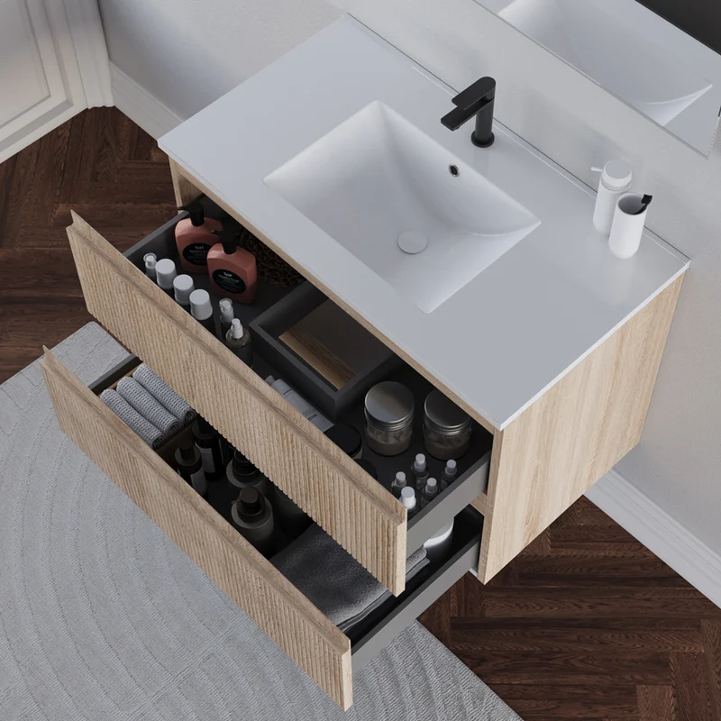 Meuble de salle de bain 80cm avec plan simple vasque - 2 tiroirs - RIBERA