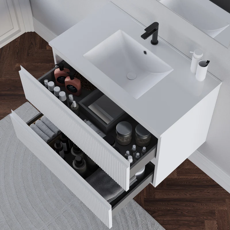 Meuble de salle de bain 80cm avec plan simple vasque - 2 tiroirs - RIBERA