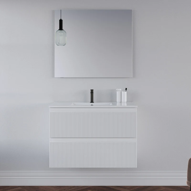 Meuble de salle de bain 80cm avec plan simple vasque - 2 tiroirs - RIBERA