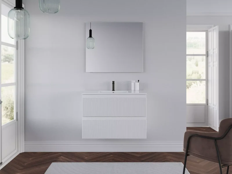 Meuble de salle de bain 80cm avec plan simple vasque - 2 tiroirs - RIBERA