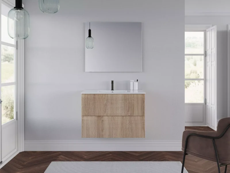 Meuble de salle de bain 80cm avec plan simple vasque - 2 tiroirs - RIBERA