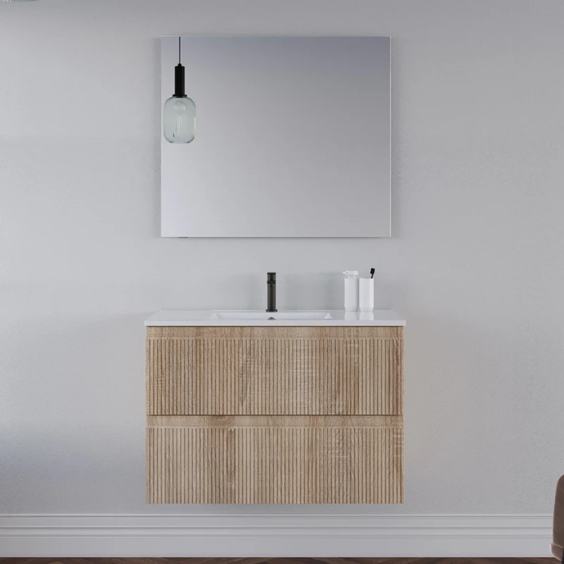 Meuble de salle de bain 80cm avec plan simple vasque - 2 tiroirs - RIBERA