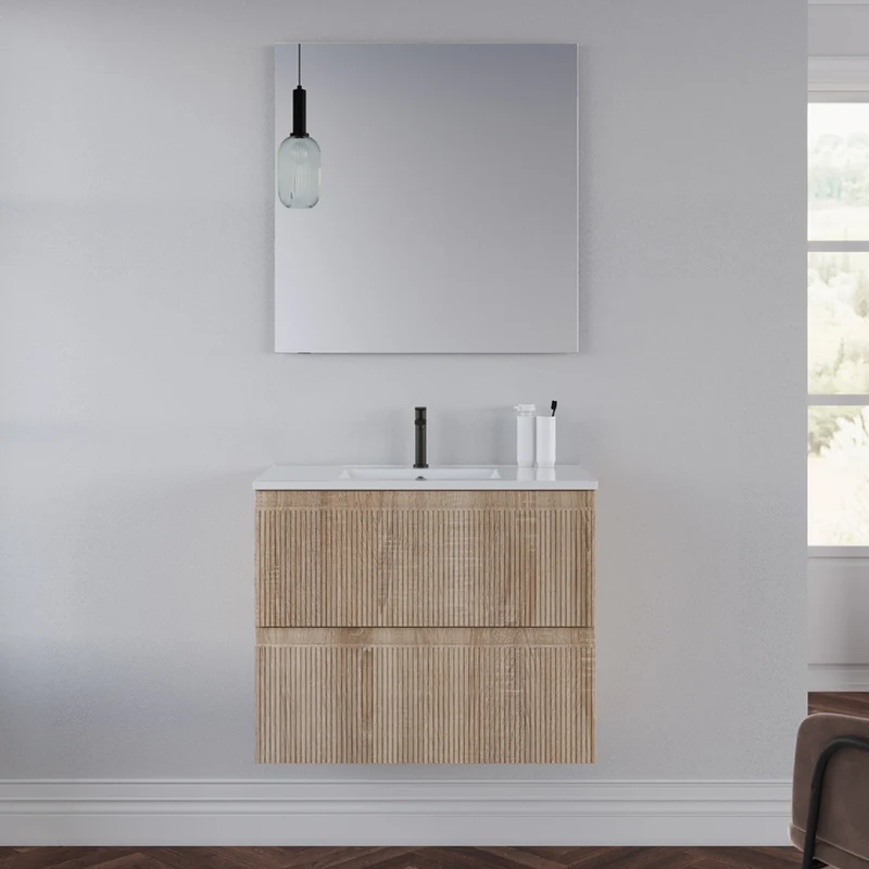 Meuble de salle de bain 60cm avec plan simple vasque - 2 tiroirs - RIBERA