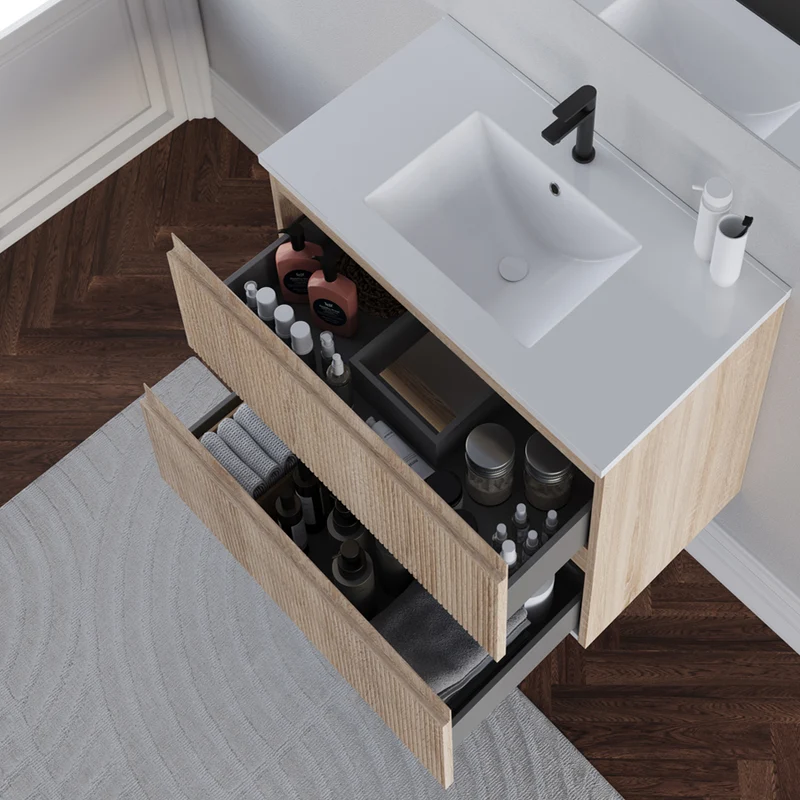 Meuble de salle de bain 60cm avec plan simple vasque - 2 tiroirs - RIBERA