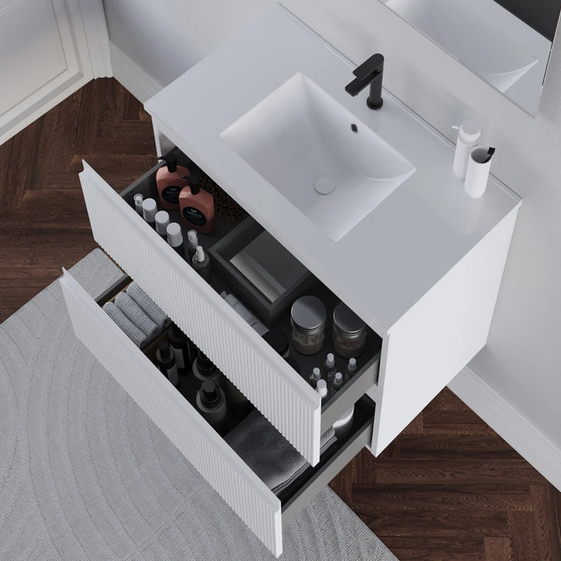 Meuble de salle de bain 60cm avec plan simple vasque - 2 tiroirs - RIBERA