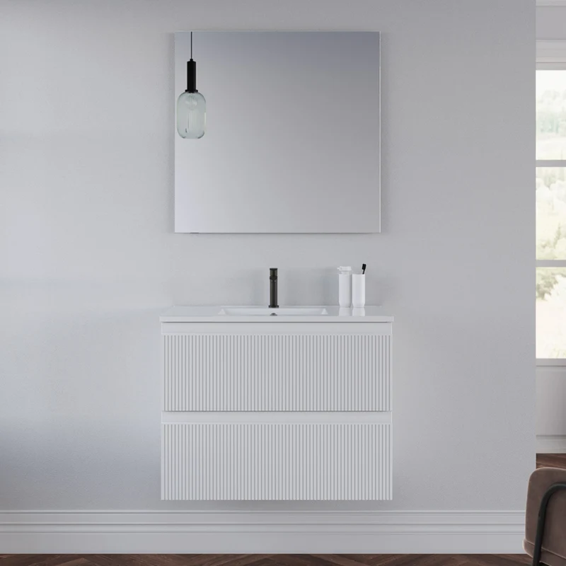 Meuble de salle de bain 60cm avec plan simple vasque - 2 tiroirs - RIBERA