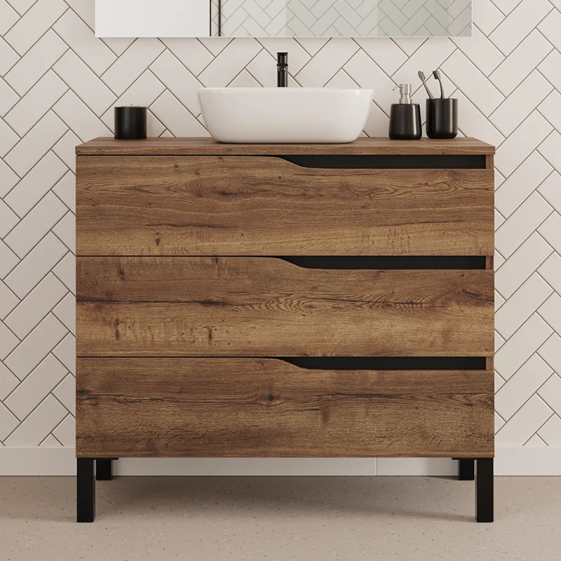Meuble de salle de bain 90cm avec plateau et vasque à poser zeus - 3 tiroirs - MATA