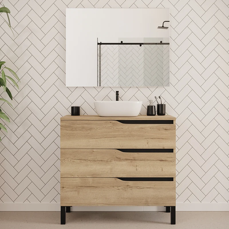Meuble de salle de bain 90cm avec plateau et vasque à poser zeus - 3 tiroirs - MATA