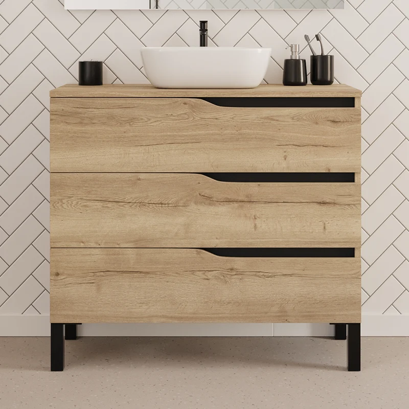 Meuble de salle de bain 90cm avec plateau et vasque à poser zeus - 3 tiroirs - MATA