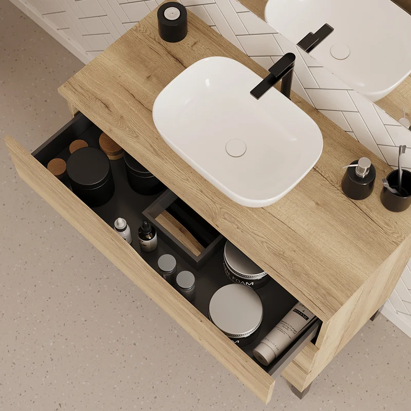 Meuble de salle de bain 90cm avec plateau et vasque à poser zeus - 3 tiroirs - MATA