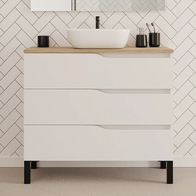 Meuble de salle de bain 90cm avec plateau et vasque à poser zeus - 3 tiroirs - MATA