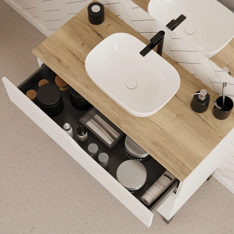 Meuble de salle de bain 90cm avec plateau et vasque à poser zeus - 3 tiroirs - MATA