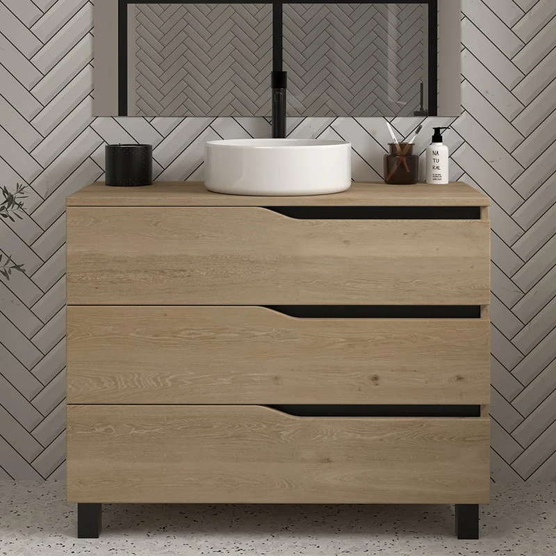 Meuble de salle de bain 100 avec plateau et vasque à poser - 3 tiroirs - MATA