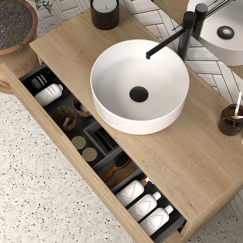 Meuble de salle de bain 100 avec plateau et vasque à poser - 3 tiroirs - MATA