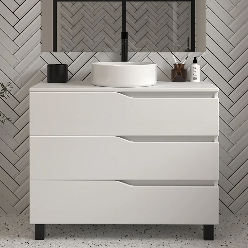 Meuble de salle de bain 100 avec plateau et vasque à poser - 3 tiroirs - MATA