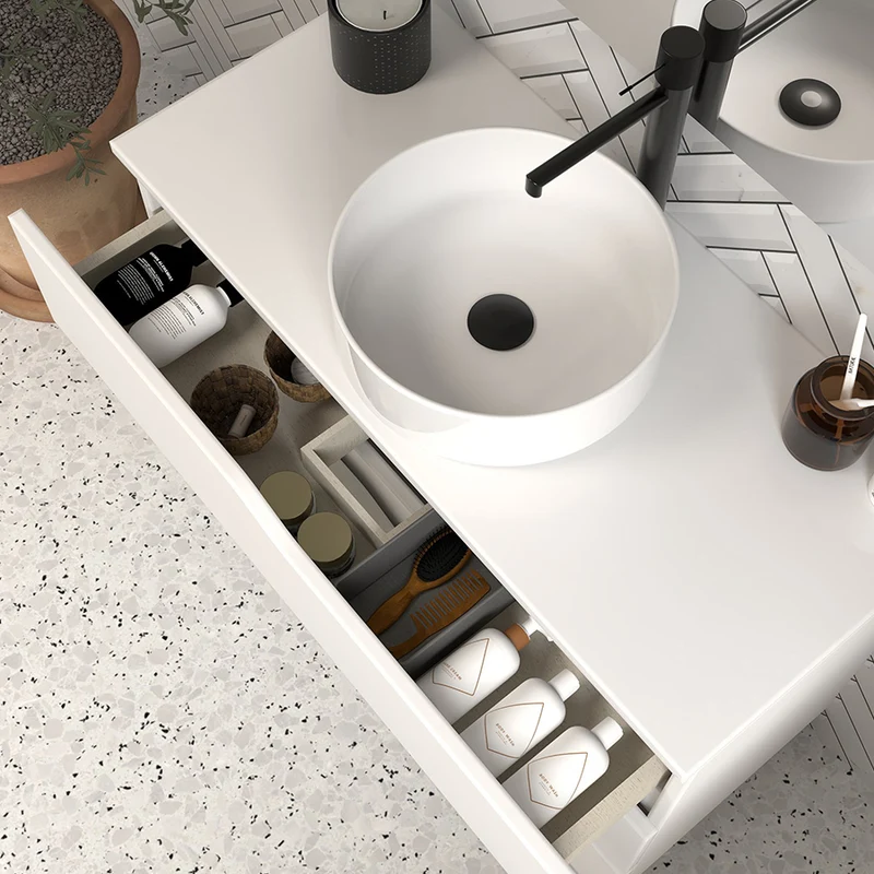 Meuble de salle de bain 100 avec plateau et vasque à poser - 3 tiroirs - MATA