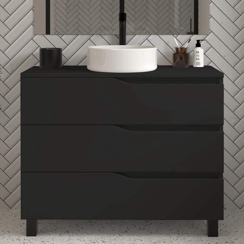 Meuble de salle de bain 100 avec plateau et vasque à poser - 3 tiroirs - MATA