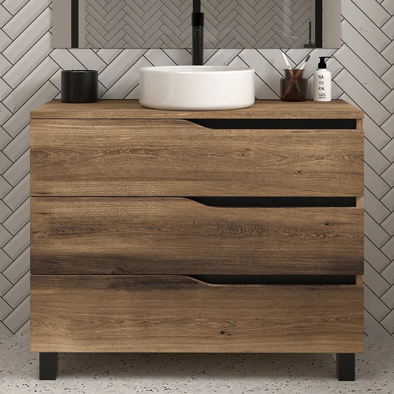 Meuble de salle de bain 100 avec plateau et vasque à poser - 3 tiroirs - MATA