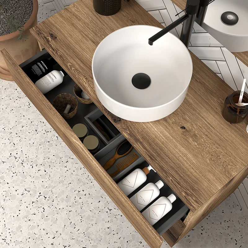 Meuble de salle de bain 100 avec plateau et vasque à poser - 3 tiroirs - MATA