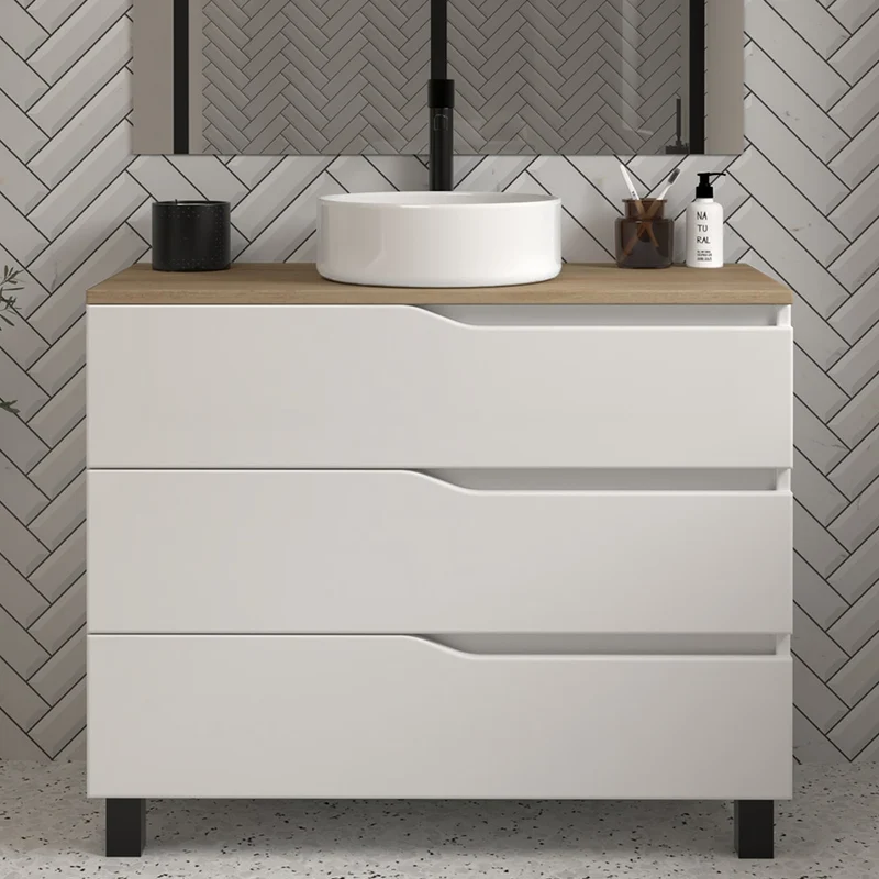 Meuble de salle de bain 100 avec plateau et vasque à poser - 3 tiroirs - MATA