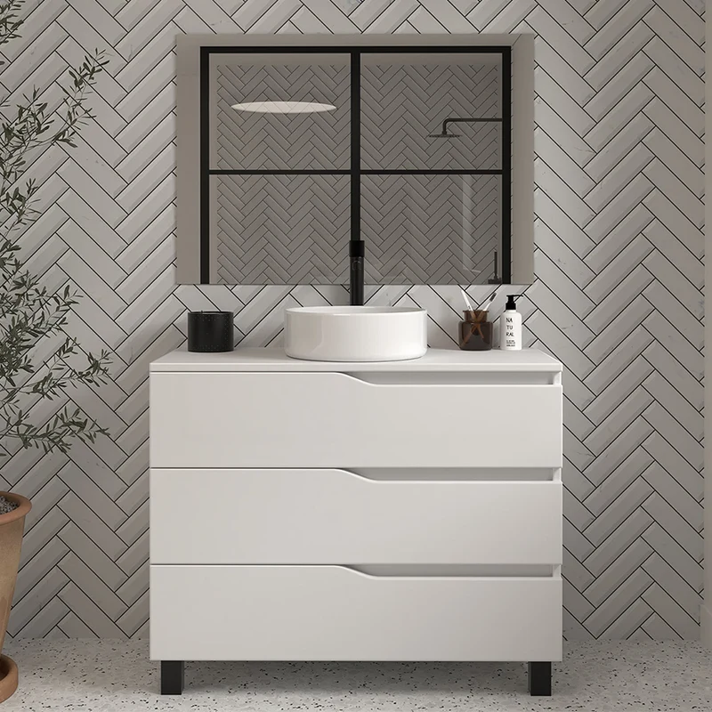Meuble de salle de bain 100 avec plateau et vasque à poser - 3 tiroirs - MATA