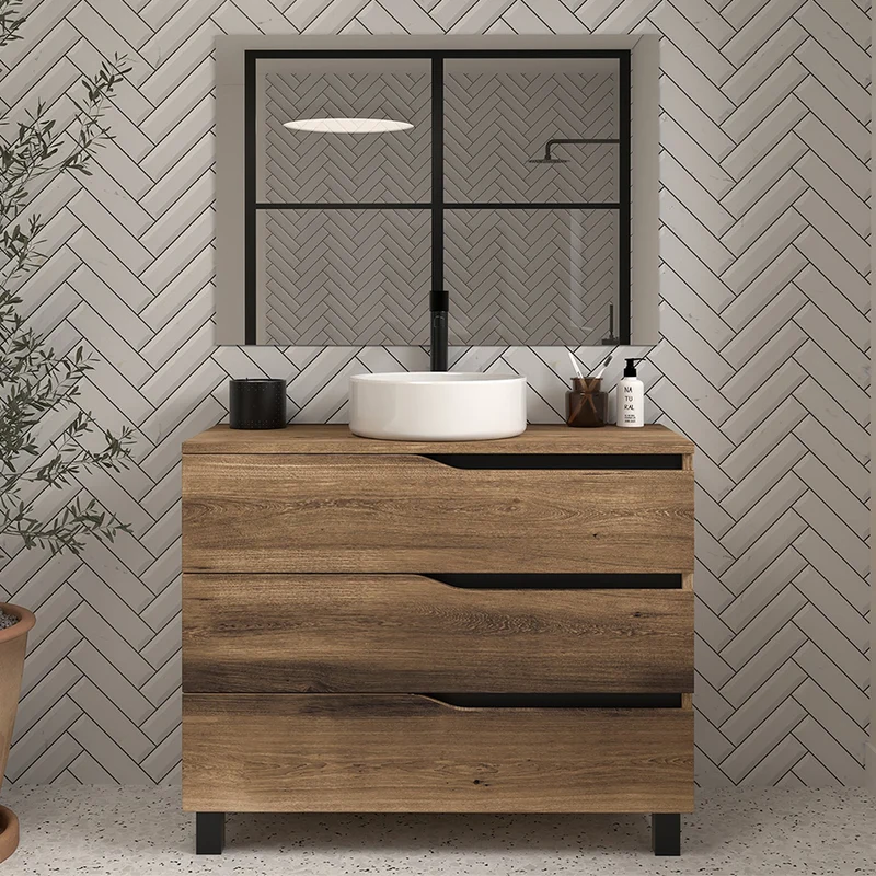 Meuble de salle de bain 100 avec plateau et vasque à poser - 3 tiroirs - MATA
