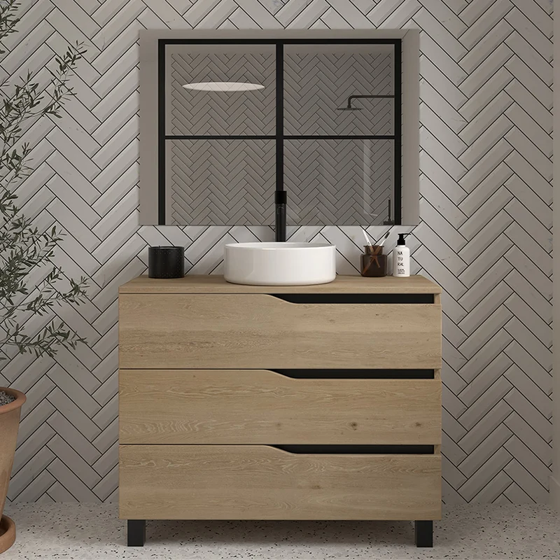 Meuble de salle de bain 100 avec plateau et vasque à poser - 3 tiroirs - MATA