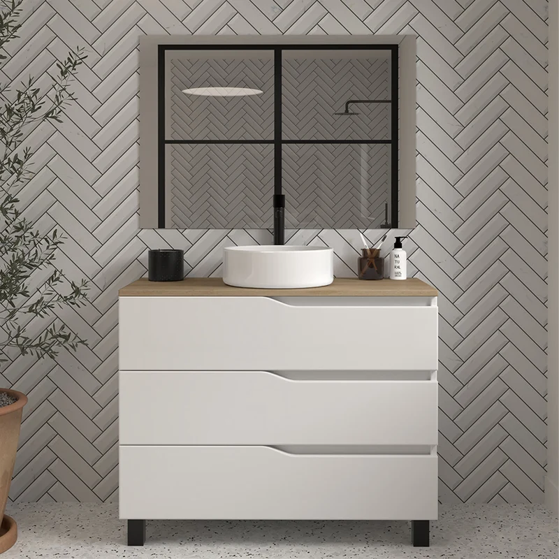 Meuble de salle de bain 100 avec plateau et vasque à poser - 3 tiroirs - MATA