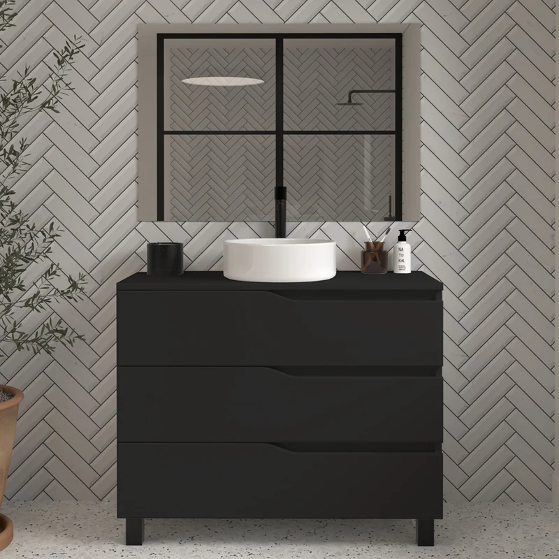 Meuble de salle de bain 100 avec plateau et vasque à poser - 3 tiroirs - MATA