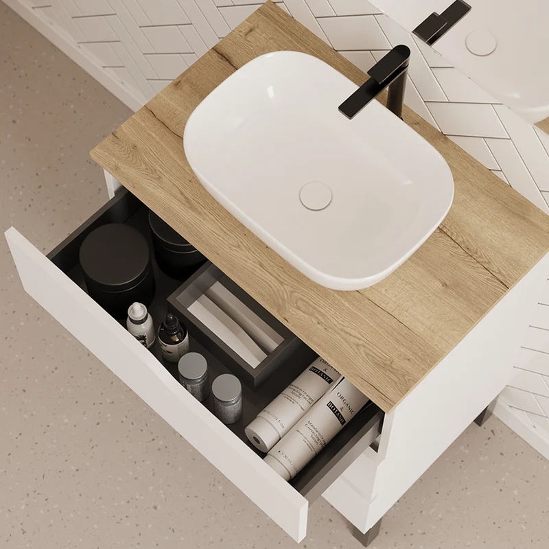 Meuble de salle de bain 70cm avec plateau et vasque à poser zeus - 3 tiroirs - MATA
