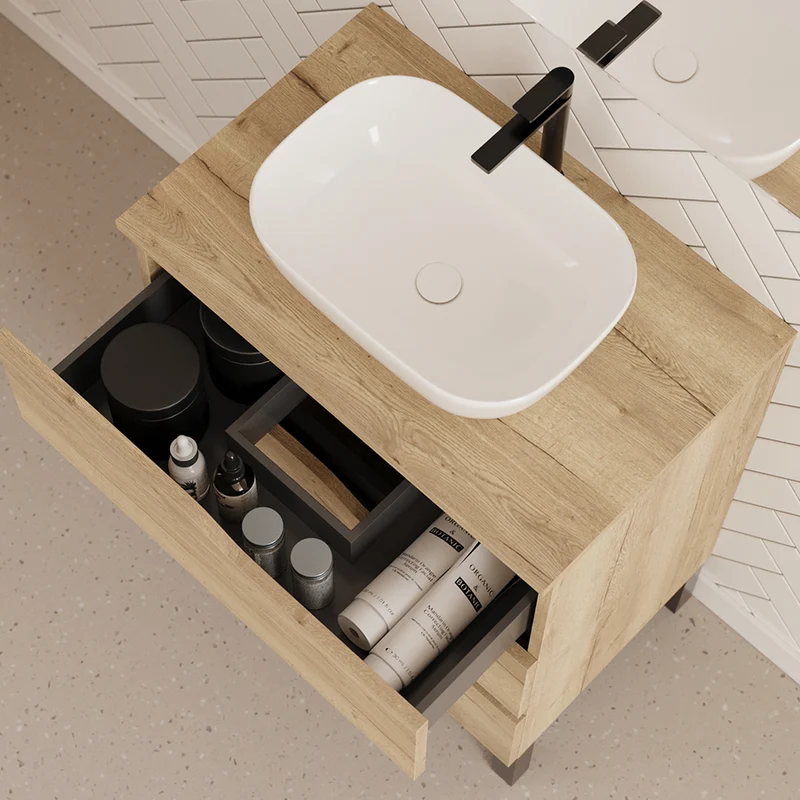 Meuble de salle de bain 70cm avec plateau et vasque à poser zeus - 3 tiroirs - MATA