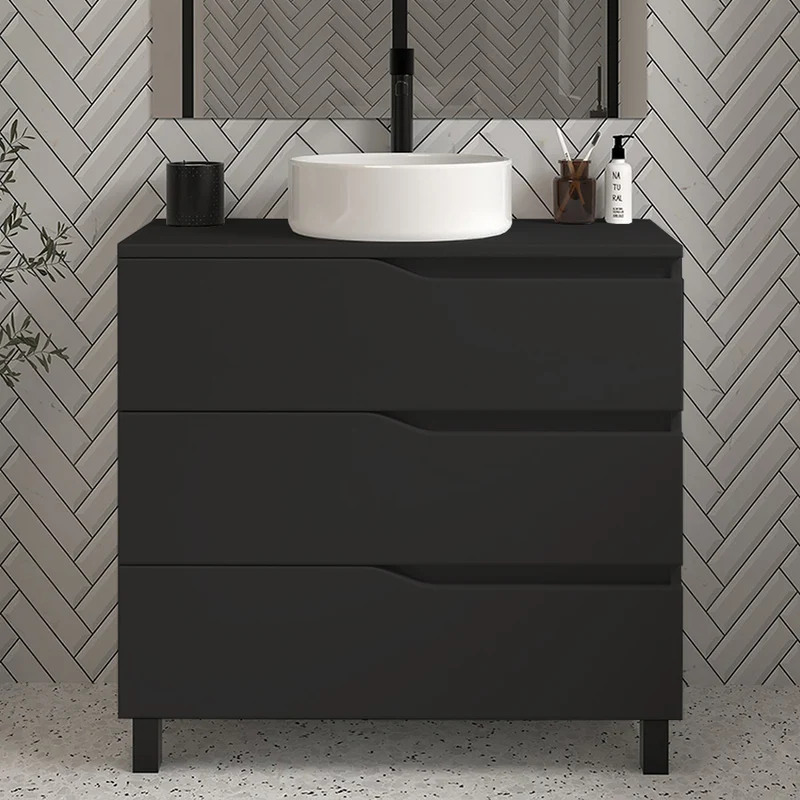 Meuble de salle de bain 80 avec plateau et vasque à poser - 3 tiroirs - MATA