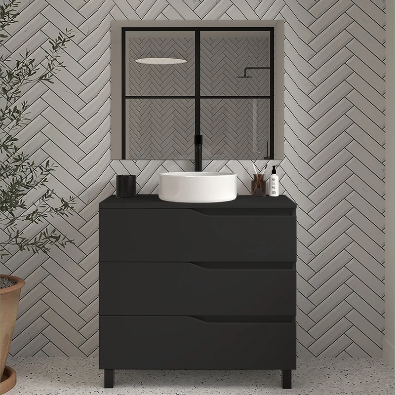 Meuble de salle de bain 80 avec plateau et vasque à poser - 3 tiroirs - MATA