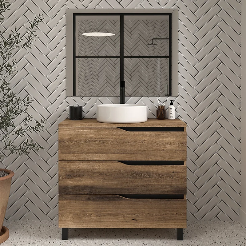 Meuble de salle de bain 80 avec plateau et vasque à poser - 3 tiroirs - MATA