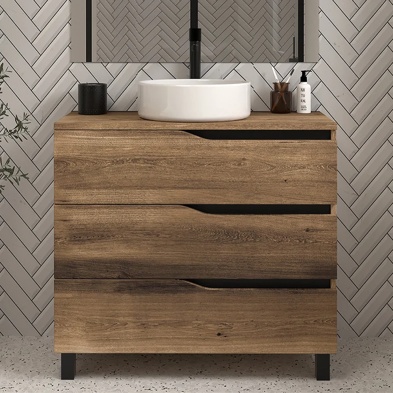 Meuble de salle de bain 80 avec plateau et vasque à poser - 3 tiroirs - MATA