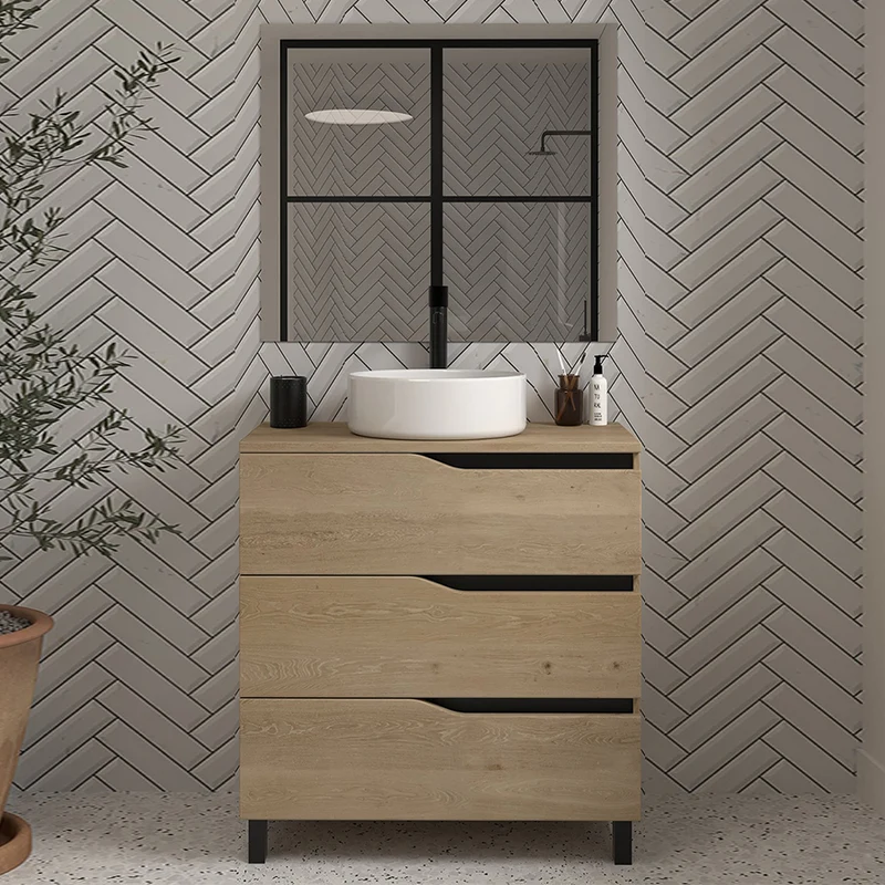 Meuble de salle de bain 80 avec plateau et vasque à poser - 3 tiroirs - MATA