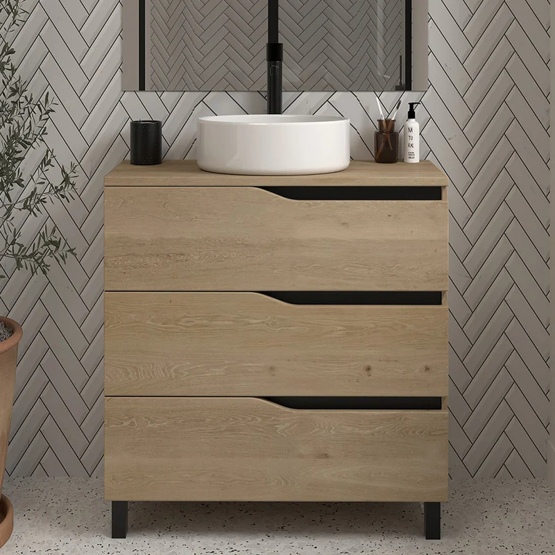 Meuble de salle de bain 80 avec plateau et vasque à poser - 3 tiroirs - MATA