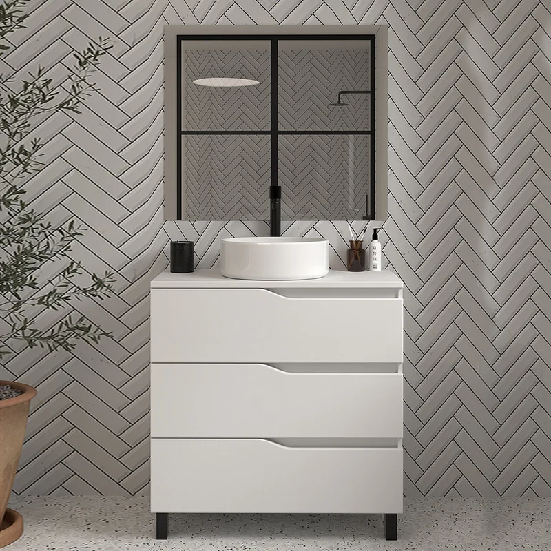 Meuble de salle de bain 80 avec plateau et vasque à poser - 3 tiroirs - MATA