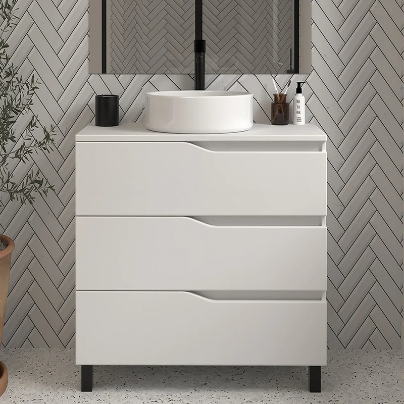 Meuble de salle de bain 80 avec plateau et vasque à poser - 3 tiroirs - MATA