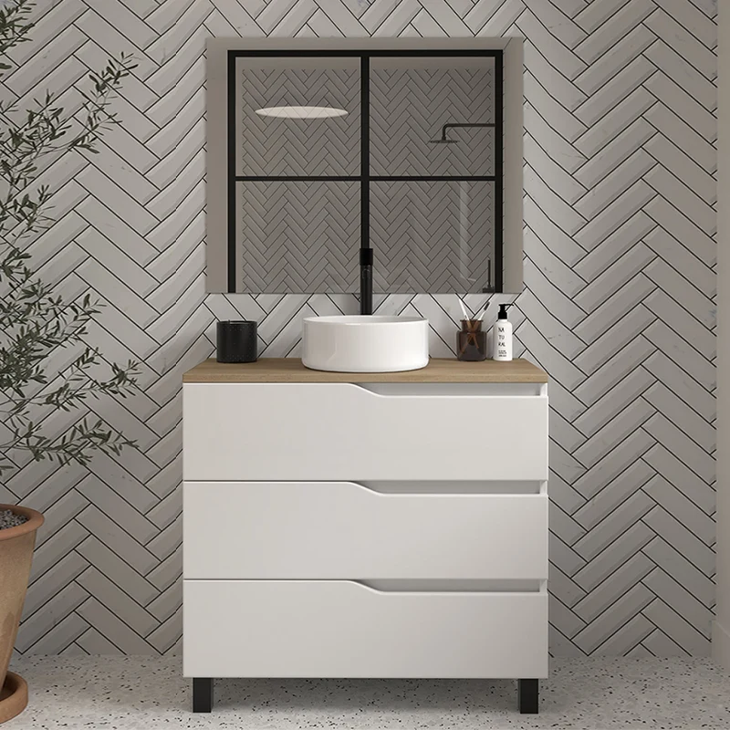 Meuble de salle de bain 80 avec plateau et vasque à poser - 3 tiroirs - MATA