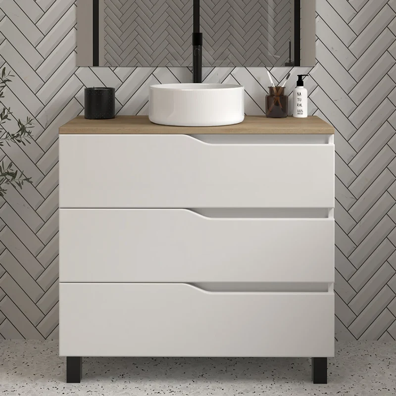Meuble de salle de bain 80 avec plateau et vasque à poser - 3 tiroirs - MATA